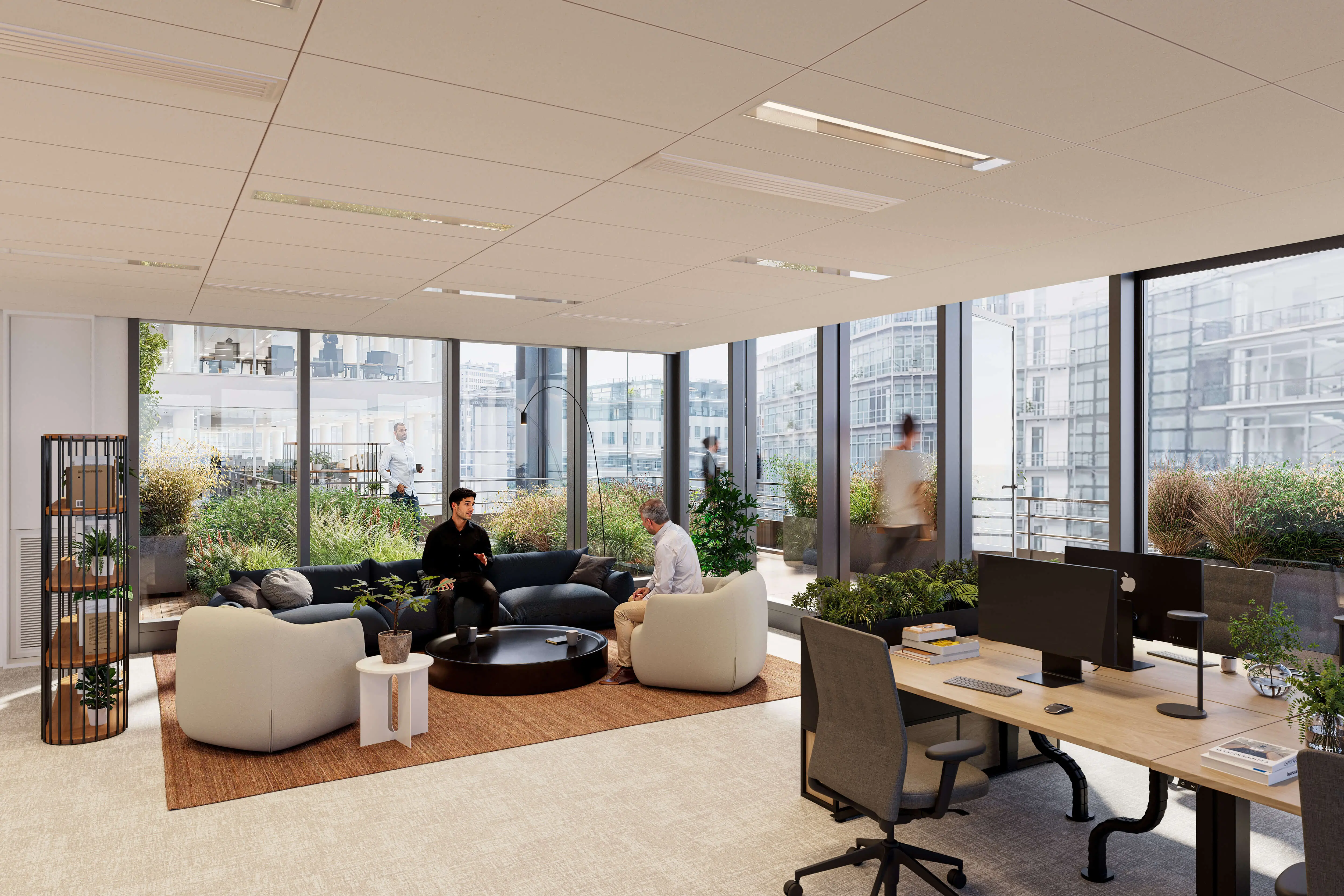 Vue d'un plateau de bureaux donnant sur terrasse